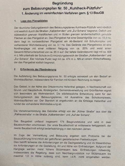 Bebauungsplan Begr�ndung 1 Wohngrundst�ck Hellenthal